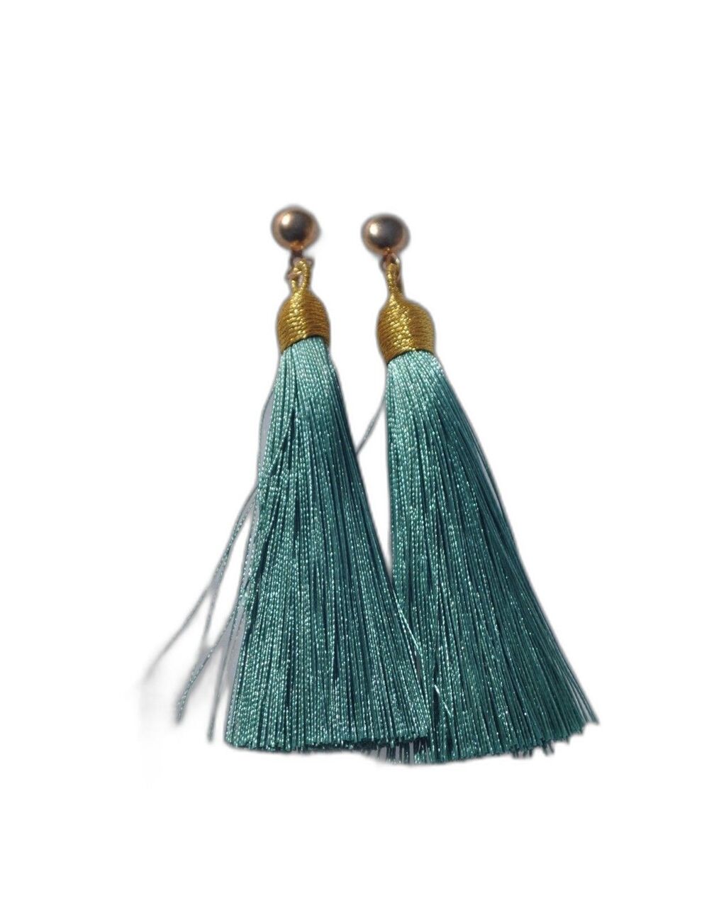 Gold tone post Boho / Gypsy earrings with teal tassel fringe - Picture 2 of 6